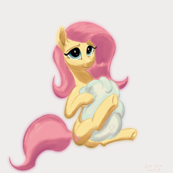 Size: 4096x4096 | Tagged: safe, artist:leoliu0491, derpibooru import, fluttershy, pony, absurd resolution, cloud, cream background, female, holding, looking at you, mare, simple background, sitting, smiling, smiling at you, solo, three quarter view