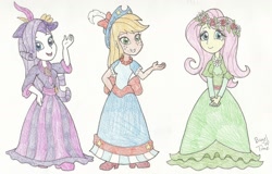 Size: 1400x898 | Tagged: safe, artist:bageloftime, derpibooru import, applejack, fluttershy, rarity, equestria girls, magical mystery cure, clothes, coronation dress, dress, gown, long dress, long skirt, skirt, traditional art, trio