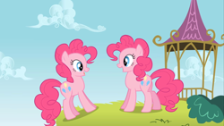 Size: 2362x1328 | Tagged: safe, derpibooru import, screencap, pinkie pie, a friend in deed, duality, looking at each other, looking at someone, open mouth, open smile, self paradox, self ponidox, smile song, smiling