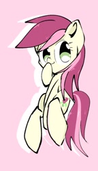 Size: 540x940 | Tagged: safe, artist:pnpn_721, derpibooru import, roseluck, earth pony, pony, female, hoof over mouth, looking at you, mare, pink background, simple background, solo