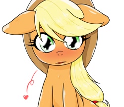 Size: 1480x1280 | Tagged: safe, alternate version, artist:batipin, derpibooru import, applejack, earth pony, pony, blushing, cute, ears, floating heart, floppy ears, heart, jackabetes, looking at you, simple background, solo, white background