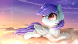 Size: 1920x1079 | Tagged: safe, artist:phoenixrk49, derpibooru import, oc, oc only, pegasus, pony, cloud, eye clipping through hair, eye reflection, female, lying down, mare, reflection, smiling, solo