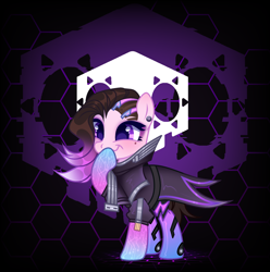 Size: 2184x2200 | Tagged: safe, artist:fenix-artist, derpibooru import, earth pony, pony, armor, belt, boop, clothes, crossover, female, jacket, leather jacket, mare, overwatch, ponified, self-boop, skull, solo, sombra (overwatch)