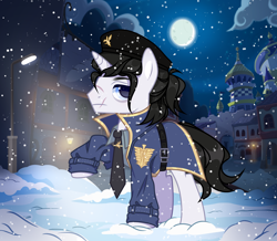 Size: 5062x4424 | Tagged: safe, artist:fenix-artist, derpibooru import, earth pony, pony, unicorn, badge, building, clothes, cloud, coat, crossover, hat, male, moon, necktie, night, raised hoof, raised leg, scar, sergei dragunov, shirt, snow, snowfall, solo, stallion, streetlight, tekken