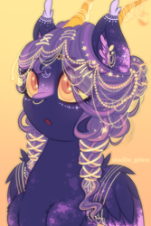 Size: 4000x6000 | Tagged: safe, artist:shad0w-galaxy, derpibooru import, oc, oc only, oc:jeweled sundown, pegasus, pony, absurd resolution, blushing, chest fluff, colored wings, commission, ear fluff, ear piercing, ears, eyebrow piercing, female, folded wings, golden eyes, horns, jewelry, mare, multicolored hair, multicolored wings, nose piercing, piercing, purple hair, simple background, wings, yellow sclera