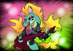Size: 2154x1508 | Tagged: safe, artist:duragan, derpibooru import, tianhuo, them's fightin' herds, bass guitar, black sclera, clothes, community related, electric guitar, guitar, heavy metal, jacket, leather jacket, lights, makeup, metal, metal as fuck, musical instrument, rock on, tongue, tongue out