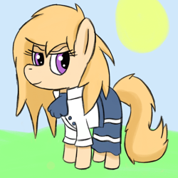 Size: 1000x1000 | Tagged: safe, artist:symphonydawn3, derpibooru import, oc, oc only, oc:jackie spectre, earth pony, bust, clothes, earth pony oc, female, grass, mare, portrait, smiling, smirk, solo, sun