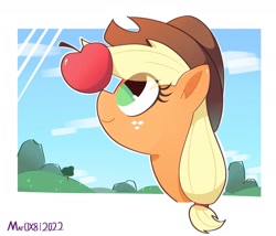 Size: 1725x1478 | Tagged: safe, artist:aceslingerexo, derpibooru import, applejack, pony, apple, bust, cute, eye clipping through hair, female, food, jackabetes, mare, no pupils, ponies balancing stuff on their nose, portrait, profile, scenery, smiling, solo