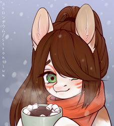 Size: 2150x2366 | Tagged: safe, artist:strontium, oc, earth pony, pony, comfy, cute, earth pony oc, hot chocolate, looking at you, marshmallow, ponytail, scarf, snowfall, snowflake, solo