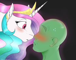 Size: 1006x795 | Tagged: safe, artist:backlash91, edit, ponybooru exclusive, princess celestia, oc, oc:anon, alicorn, human, pony, anonymous editor, blushing, boop, crown, cutelestia, duo, eye contact, female, human male, jewelry, looking at each other, male, mare, noseboop, regalia, sweat, sweating, touching face