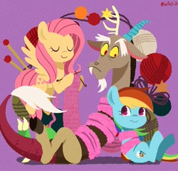Size: 1193x1150 | Tagged: safe, artist:efuji_d, derpibooru import, discord, fluttershy, rainbow dash, draconequus, earth pony, pegasus, cute, dexterous hooves, eyes closed, female, knitting, knitting needles, looking at each other, looking at someone, male, mare, purple background, shyabetes, simple background, smiling, tied up, trio, worried, yarn, yarn ball
