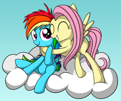 Size: 1477x1230 | Tagged: safe, artist:reconprobe, derpibooru import, fluttershy, rainbow dash, pegasus, pony, cloud, female, filly, filly fluttershy, filly rainbow dash, foal, hug, younger