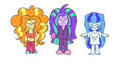 Size: 3720x1880 | Tagged: safe, artist:iceflower99, derpibooru import, adagio dazzle, aria blaze, sonata dusk, equestria girls, adagiazonga dazzle, barefoot, belly button, breasts, clothes, coffee, coffee mug, cute, doodle, feet, female, happy, height difference, looking at you, morning ponies, mug, pajamas, simple background, sketch, slippers, smiling, sonatabetes, the dazzlings, twintails, white background