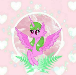 Size: 1992x1960 | Tagged: safe, artist:rainyponyindo, derpibooru import, oc, oc:rainy rainbow, alicorn, pony, aesthetics, cloud, female, heart, horn, leaves, mare, smiling, solo, sparkling, wings