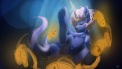 Size: 3840x2160 | Tagged: safe, artist:rainsketch, derpibooru import, oc, oc only, oc:can opener, fish, pony, unicorn, beautiful, butt, crepuscular rays, eyes closed, fish whisperer, floating, flowing tail, glowing, glowing horn, high res, horn, magic, ocean, plot, signature, smiling, solo, sunlight, tail, underwater, vylet pony, water