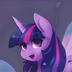 Size: 1024x1024 | Tagged: safe, artist:thisponydoesnotexist, derpibooru import, twilight sparkle, twilight sparkle (alicorn), alicorn, artificial intelligence, looking at you, neural network, not twilight sparkle, smiling, smiling at you, solo