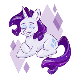 Size: 1280x1280 | Tagged: safe, artist:domorri, derpibooru import, rarity, pony, unicorn, crossed hooves, eyes closed, eyeshadow, female, lying down, makeup, mare, prone, simple background, smiling, solo, sparkles, white background