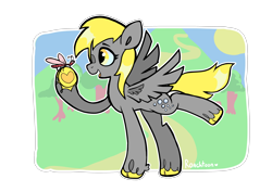 Size: 4960x3508 | Tagged: safe, artist:roachtoon, derpibooru import, derpy hooves, ditzy doo, insect, pegasus, pony, cute, derpabetes, derpy day, outdoors, raised hoof, raised leg, simple background, solo, spread wings, transparent background, tree, unshorn fetlocks, wings