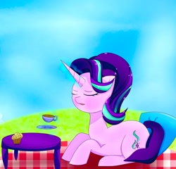 Size: 2048x1962 | Tagged: safe, artist:zeon_starlight, derpibooru import, starlight glimmer, pony, unicorn, cup, drink, eyes closed, female, food, magic, mare, muffin, picnic, picnic blanket, plate, sitting, solo, table, telekinesis