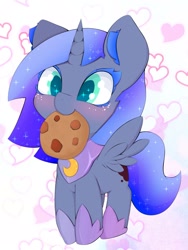 Size: 1875x2500 | Tagged: safe, artist:zokkili, derpibooru import, princess luna, alicorn, pony, colored pupils, cookie, cute, ear fluff, ears, ethereal mane, female, filly, foal, food, full body, heart, hoof shoes, hooves, horn, lunabetes, mouth hold, solo, sparkles, sparkly eyes, spread wings, starry mane, wingding eyes, wings, woona, younger