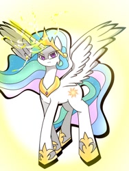 Size: 768x1024 | Tagged: safe, artist:zeon_starlight, derpibooru import, princess celestia, alicorn, pony, celestia is not amused, female, gem, jewelry, looking at you, magic, magic aura, mare, regalia, solo, spread wings, unamused, wings