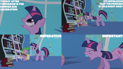 Size: 1280x720 | Tagged: safe, derpibooru import, edit, edited screencap, editor:quoterific, screencap, spike, twilight sparkle, unicorn twilight, dragon, pony, unicorn, friendship is magic, season 1, book, bookshelf, duo, eyes closed, female, ladder, looking up, male, mare, open mouth, quill, scroll, text, twilight's canterlot home