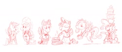 Size: 1418x601 | Tagged: safe, artist:mellodillo, derpibooru import, applejack, fluttershy, pinkie pie, rainbow dash, rarity, twilight sparkle, twilight sparkle (alicorn), alicorn, anthro, earth pony, pegasus, unguligrade anthro, unicorn, animal crossing, arm hooves, book, cake, chef's hat, clothes, exclamation point, eyes closed, female, food, hat, jewelry, mane six, mare, monochrome, necklace, overalls, plaid shirt, present, redscale, shirt, simple background, skirt, sparkles, white background
