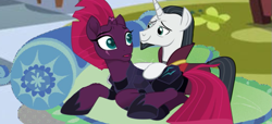 Size: 739x338 | Tagged: safe, artist:decokelow, derpibooru import, edit, screencap, chancellor neighsay, fizzlepop berrytwist, tempest shadow, pony, unicorn, armor, bed, bedroom eyes, clothes, edit screencap, female, i ship it, just kiss already, looking at each other, looking at someone, male, mare, photo, robe, shipping, shipping fuel, stallion, straight, tempest neighsay