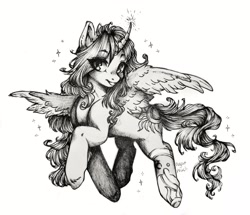 Size: 3496x3000 | Tagged: oc name needed, safe, artist:sugarrrpeach, derpibooru import, oc, oc only, alicorn, pony, cute, eye clipping through hair, grayscale, high res, monochrome, simple background, solo, white background