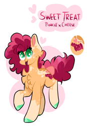 Size: 2068x2980 | Tagged: safe, artist:goldlines005, derpibooru import, oc, oc only, earth pony, pony, :p, abstract background, chest fluff, earth pony oc, female, mare, offspring, parent:cheese sandwich, parent:pinkie pie, parents:cheesepie, reference sheet, smiling, solo, tongue, tongue out