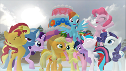 Size: 1366x768 | Tagged: safe, artist:dracoecpilse, derpibooru import, applejack, fluttershy, pinkie pie, rainbow dash, rarity, starlight glimmer, sunset shimmer, trixie, twilight sparkle, oc, oc:solar eclipse, alicorn, earth pony, pegasus, unicorn, 3d, cerberus pony, gmod, mane six, multiple heads, three heads, two heads