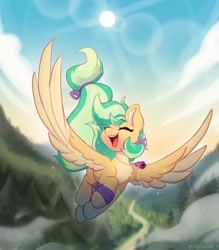 Size: 2809x3204 | Tagged: safe, artist:colorfulcolor233, derpibooru import, oc, oc only, oc:summer ray, pegasus, pony, commission, cute, eyes closed, female, flying, forest, happy, lens flare, mare, ocbetes, open mouth, open smile, river, scenery, smiling, solo, water