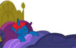 Size: 1098x691 | Tagged: safe, artist:rainbowkate07, artist:ry-bluepony1, derpibooru import, oc, oc only, oc:train track, pony, unicorn, a health of information, base used, bed, comfy, eyes closed, horn, male, mane, pillow, sheet, show accurate, simple background, sleeping, snoring, solo, stallion, transparent background