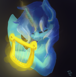 Size: 2139x2160 | Tagged: safe, artist:rainsketch, derpibooru import, lyra heartstrings, pony, unicorn, black background, bust, dark background, eyes closed, female, glowing, glowing horn, horn, lyre, magic, magic aura, mare, musical instrument, playing instrument, portrait, simple background, solo