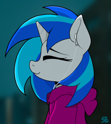 Size: 2029x2267 | Tagged: safe, artist:sefastpone, derpibooru import, dj pon-3, vinyl scratch, pony, unicorn, bust, clothes, digital art, eyes closed, headphones, hoodie, listening to music, night, portrait