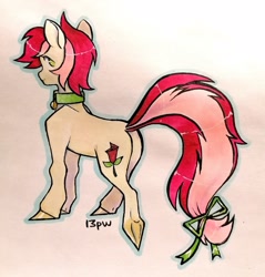 Size: 1531x1600 | Tagged: safe, artist:13pw, derpibooru import, roseluck, earth pony, pony, bow, butt, collar, commission, commissioner:doom9454, cute, female, long tail, mare, pet collar, pet tag, plot, pony pet, rosepet, simple background, tail, tail bow, traditional art