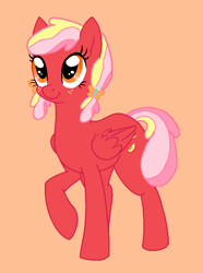 Size: 572x768 | Tagged: safe, artist:happyhippoadopts, derpibooru import, oc, oc only, pegasus, pony, base used, cute, female, filly, foal, folded wings, freckles, looking up, multicolored hair, ocbetes, offspring, orange background, parent:big macintosh, parent:fluttershy, parents:fluttermac, pegasus oc, pigtails, raised hoof, raised leg, simple background, smiling, solo, wings