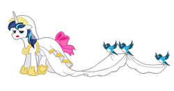 Size: 1316x696 | Tagged: safe, artist:swiftgaiathebrony, derpibooru import, shining armor, bird, pony, unicorn, clothes, crossdressing, dress, girly, lipstick, male, simple background, solo, stallion, transparent background, wedding dress, wedding veil