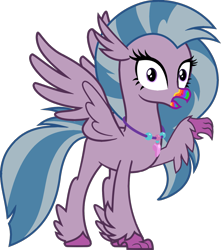 Size: 1397x1580 | Tagged: safe, artist:ponygamer2020, derpibooru import, silverstream, classical hippogriff, hippogriff, undead, zombie, 28 pranks later, beak, colored pupils, cookie zombie, female, fluffy, implied rainbow dash, jewelry, looking at you, necklace, quadrupedal, rainbow muzzle, raised arm, raised talon, simple background, solo, spread wings, standing, tail, talons, transparent background, vector, wings