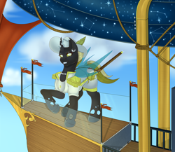 Size: 4724x4094 | Tagged: safe, artist:creed larsen, derpibooru import, oc, changeling, pony, airship, clothes, fangs, hat, horn, saber, sky, smiling, solo, stars, sword, weapon, wings, yellow changeling