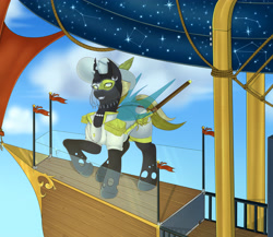 Size: 4724x4094 | Tagged: safe, artist:creed larsen, derpibooru import, oc, changeling, pony, airship, clothes, fangs, hat, horn, mask, saber, sky, smiling, solo, stars, sword, weapon, wings, yellow changeling