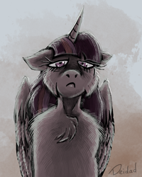 Size: 960x1200 | Tagged: safe, artist:deidad_dissitum, derpibooru import, twilight sparkle, twilight sparkle (alicorn), alicorn, pony, annoyed, cheek fluff, chest fluff, ears, floppy ears, solo