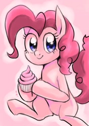 Size: 565x800 | Tagged: safe, artist:yukkuri_yu_yu, derpibooru import, pinkie pie, earth pony, pony, bipedal, cupcake, cute, diapinkes, female, food, hoof hold, looking at you, mare, pink background, simple background, smiling, smiling at you, solo