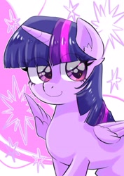 Size: 2507x3541 | Tagged: safe, artist:yukkuri_yu_yu, derpibooru import, twilight sparkle, twilight sparkle (alicorn), alicorn, pony, cutie mark, eye clipping through hair, female, looking at you, mare, smiling, smiling at you, solo