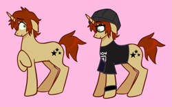 Size: 927x578 | Tagged: safe, artist:mxmx fw, derpibooru import, pony, unicorn, a, bracelet, brown hair, clothes, cutie mark, emo, glasses, green eyes, hat, i like trains, jewelry, lol, long pony, mcr, mikey way, my chemical romance, my god i really love mikey way, ponified, question mark, shirt, shy guy, stars, super mario bros., three cheers for sweet revenge, wtf