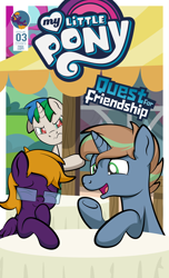 Size: 1920x3168 | Tagged: safe, artist:alexdti, derpibooru import, oc, oc only, oc:brainstorm (alexdti), oc:marco, oc:purple creativity, pegasus, pony, unicorn, comic:quest for friendship, eyes closed, female, glasses, high res, hoof over mouth, hooves, horn, jealous, looking at someone, male, mare, my little pony logo, one ear down, open mouth, open smile, pegasus oc, shading, smiling, stallion, two toned mane, underhoof, unicorn oc, wavy mouth