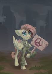 Size: 1918x2738 | Tagged: safe, artist:yarugreat, derpibooru import, fluttershy, pegasus, pony, alternate hairstyle, anti-war, clothes, comments locked on derpi, current events, description is relevant, female, high res, hoof hold, looking at you, mare, outdoors, partially open wings, peace symbol, raised hoof, raised leg, ruins, shocked, shocked expression, short hair, sign, solo, standing, sweater, sweatershy, terrified, three quarter view, wings, younger
