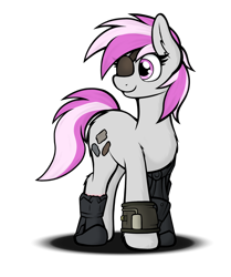 Size: 1464x1749 | Tagged: safe, artist:aaathebap, derpibooru import, oc, oc:hired gun, oc:silver storm, earth pony, pony, fallout equestria, fallout equestria: heroes, amputee, cyber legs, eyepatch, fallout, fanfic art, female, mare, pipbuck, prosthetic leg, prosthetic limb, prosthetics, simple background, solo, standing, transparent background