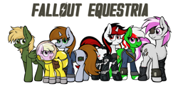 Size: 4036x2076 | Tagged: safe, artist:aaathebap, derpibooru import, oc, oc:blackjack, oc:hired gun, oc:littlepip, oc:murky, oc:puppysmiles, oc:wandering sunrise, cyborg, earth pony, pegasus, pony, unicorn, fallout equestria, fallout equestria: dead tree, fallout equestria: heroes, fallout equestria: murky number seven, fallout equestria: pink eyes, fallout equestria: project horizons, alternate mane six, cybernetic legs, fallout, fanfic art, female, filly, foal, group, group photo, simple background, standing, text, transparent background