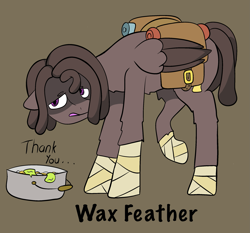 Size: 2429x2267 | Tagged: safe, artist:ponyfusk, derpibooru import, oc, oc:wax feather, pegasus, pony, backpack, bandage, begging, homeless, male, money, pot